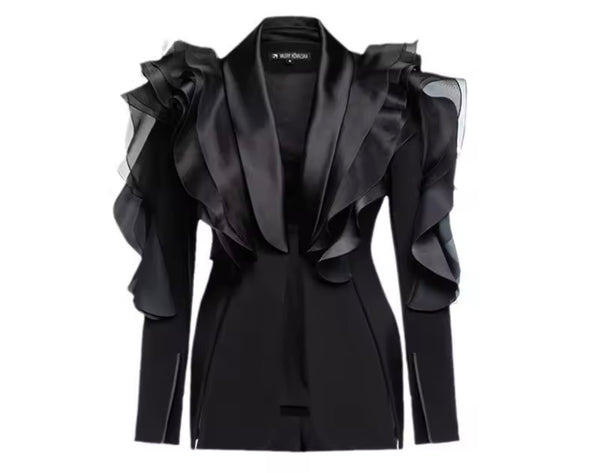 Women Black Ruffled Full Sleeve Fashion Blazer Top