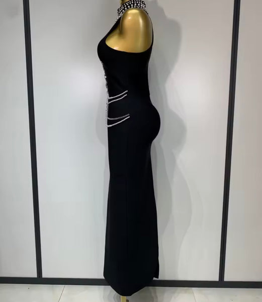 Women Sleeveless Rhinestone Pearl Black Sexy Maxi Dress