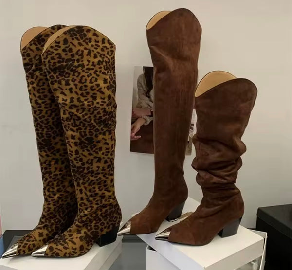 Women Metal Pointed Toe Suede Fashion Knee High Western Boots