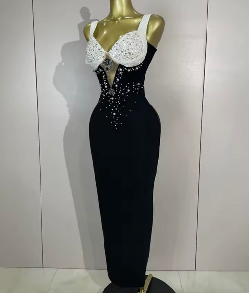 Women Sexy B&W Beaded Bling Sleeveless Maxi Dress