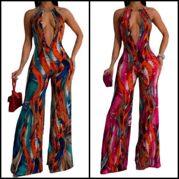 Women Sexy Colorful Print Halter Sleeveless Sexy Jumpsuit