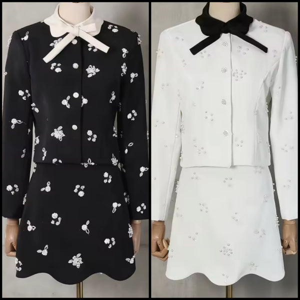 Women Collar Bow Full Sleeve Blazer Two Piece Skirt Set