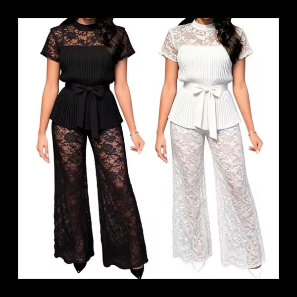 Women Pleated Lace Belted Short Sleeve Two Piece Pant Set