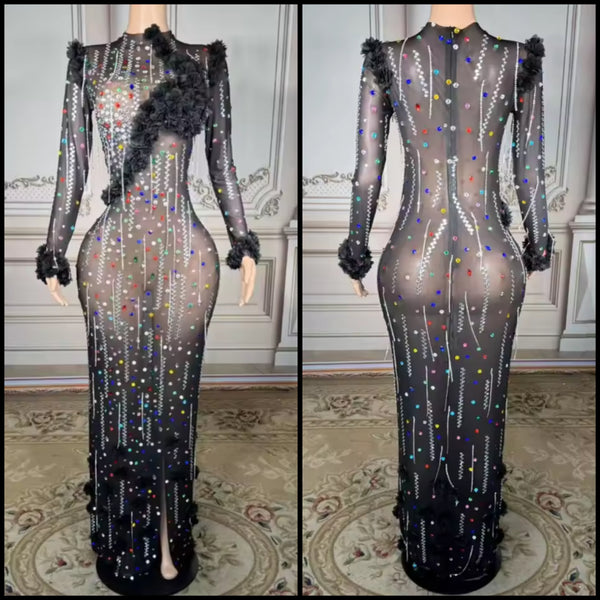 Women Sexy Black Multicolored Rhinestone Mesh Maxi Dress