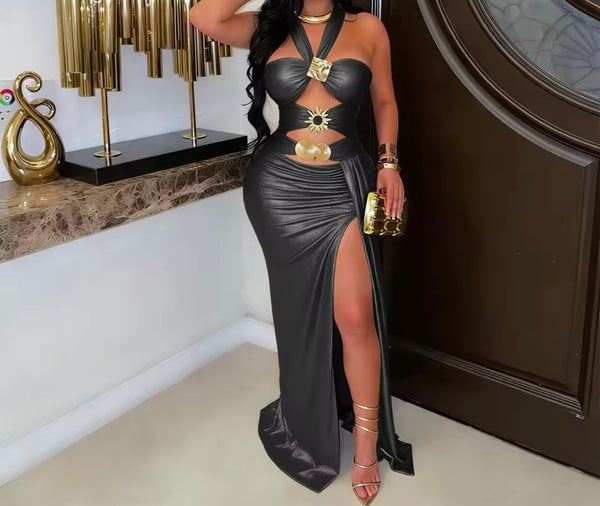 Women Sexy Metallic Halter Sleeveless Cut Out Maxi Dress