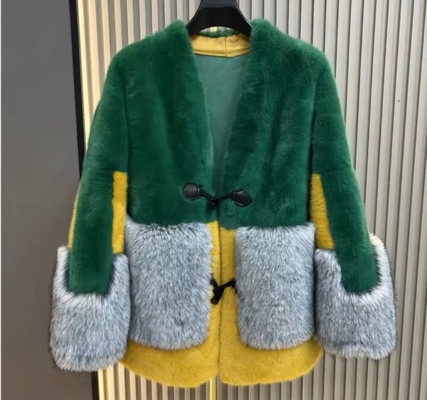 Women Fashion Color Patchwork Faux Fur Jacket