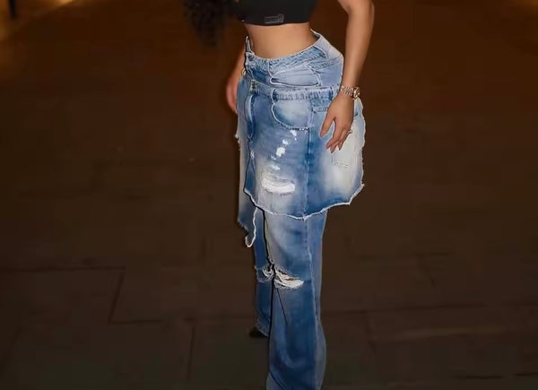 Women Fashion Asymmetrical Ripped Wrap Denim Pants