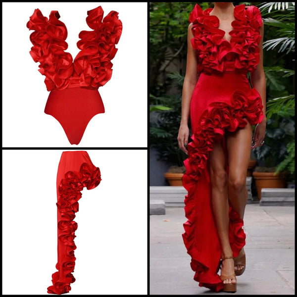 Women Sexy Red Ruffled Swimsuit Cover Up Set