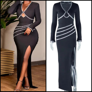 Women Sexy Cut Out Bling Patchwork Full Sleeve Black Maxi Dress