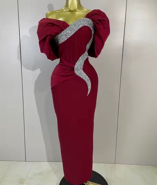 Women Elegant Off The Shoulder Bling Ruched Maxi Dress