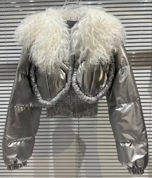 Women Fashion Feather PU Crop Jacket