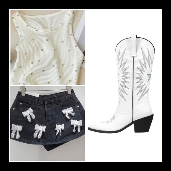 Women Fashion White Metallic Star Knee High Western Boots