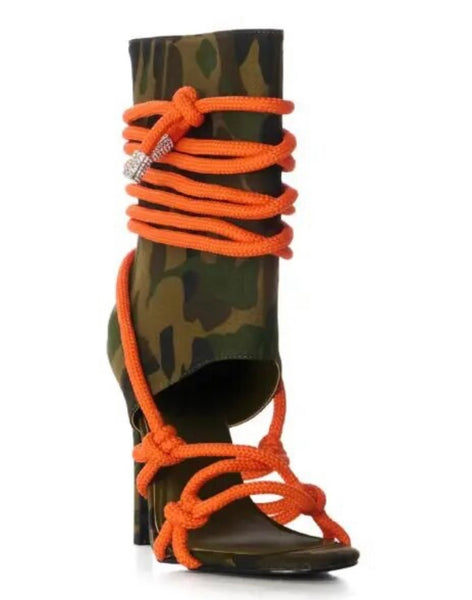 Women Fashion Open Toe Lace Up Camouflage Ankle Boots