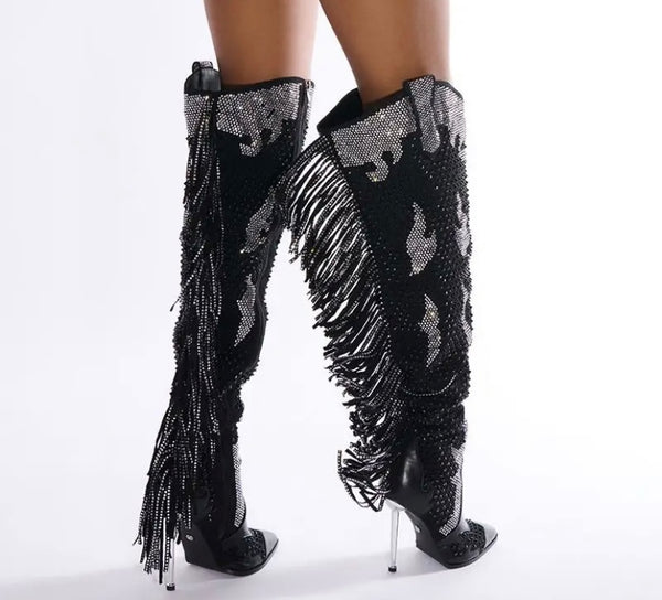 Women Fashion Bling Tassel Knee High Western High Heel Boots