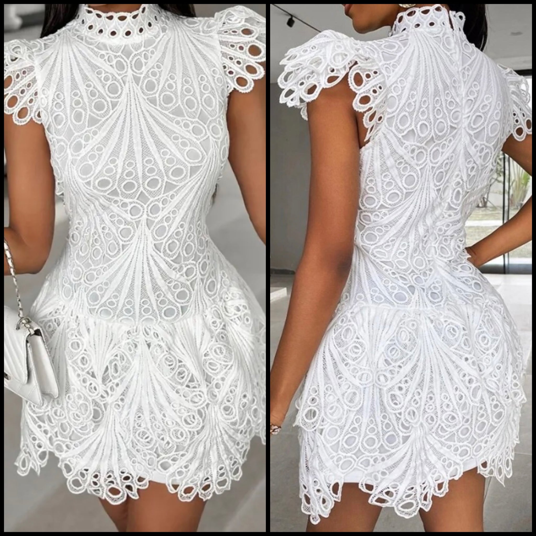 Women Sexy White Lace Short Sleeve Dress