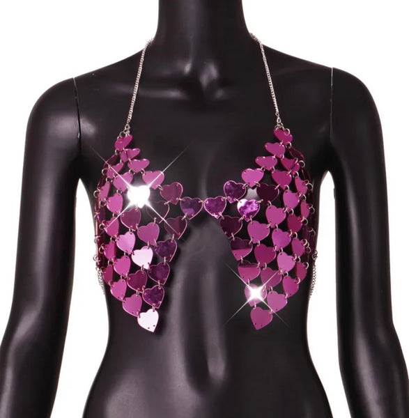 Women Sexy Pink Mirror Heart Halter Crop Top