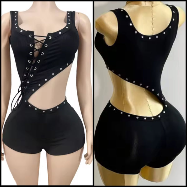 Women Sexy Black Sleeveless Rivet Cut Out Lace Up Romper