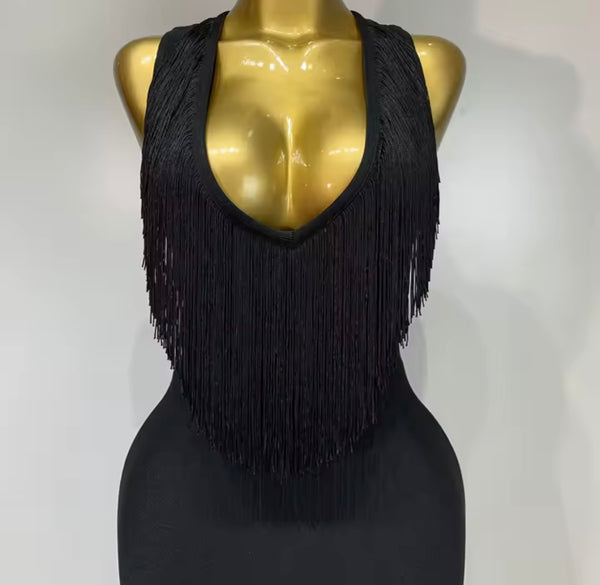 Women Sexy Sleeveless Fringe Tassel Maxi Dress