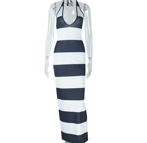 Women Sexy B&W Striped Halter Lace Up Open Back Maxi Dress