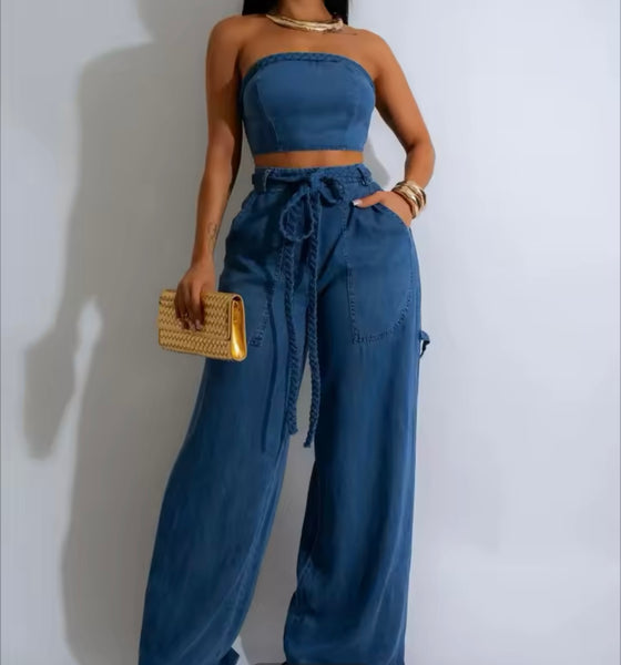 Women Sexy Strapless Two Piece Denim Tie Up Wide Leg Pant Set