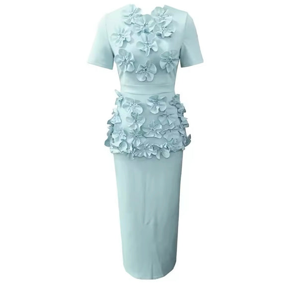 Women Solid Color Floral Short Sleeve Two Piece Maxi Skirt Set