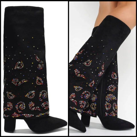 Women Suede Colorful Rhinestone Patchwork Knee High Boots