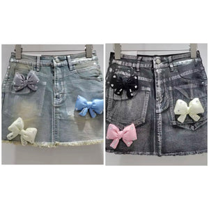 Women Fashion Metallic Bling 3D Bow Denim Skirt