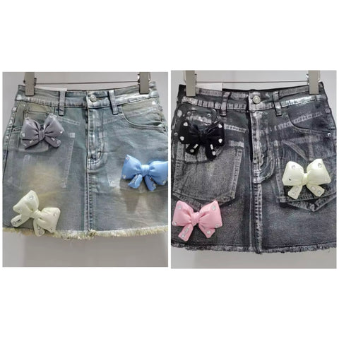Women Fashion Metallic Bling 3D Bow Denim Skirt