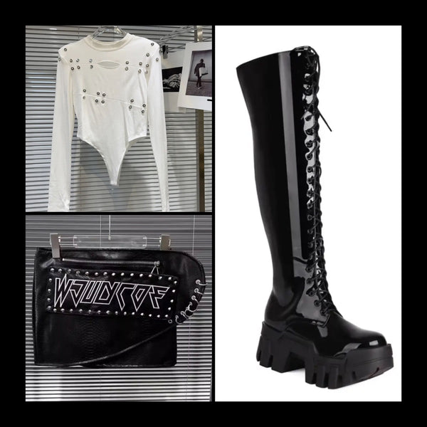 Women Black Faux/Patent Leather Lace Up Platform Knee High Boots
