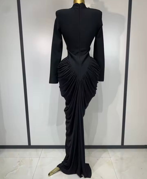 Women Sexy Solid Color Ruched Full Sleeve Maxi Dress