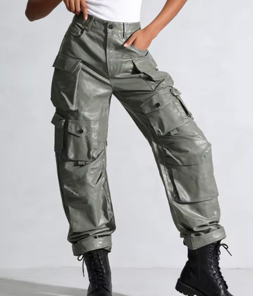 Women Fashion Faux Leather Cargo Pants