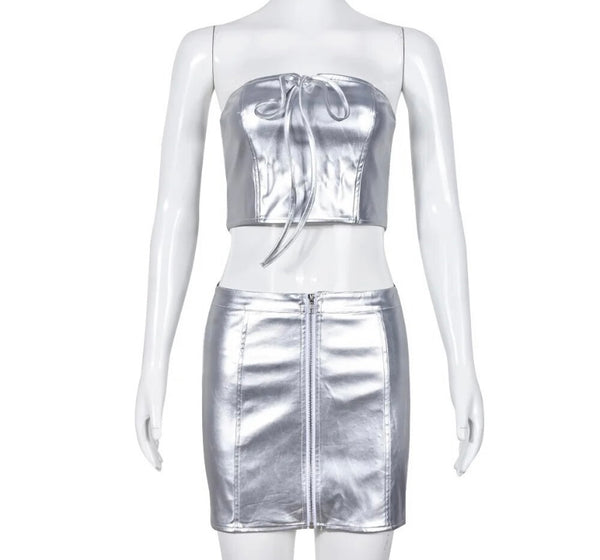 Women Silver Sexy Strapless Two Piece PU Skirt Set