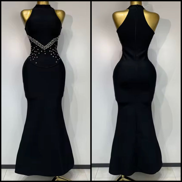 Women Sleeveless Rhinestone Patchwork Black Maxi Dress