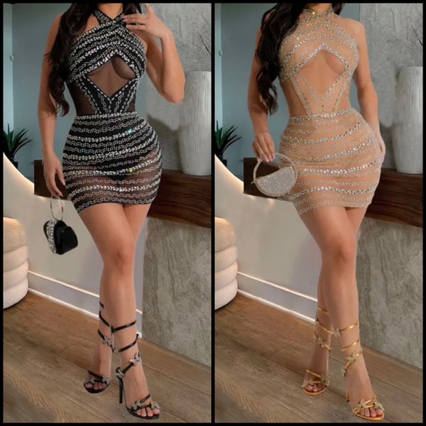 Women Sexy Halter Sleeveless Mesh Bling Dress