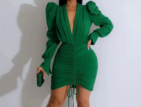 Women Sexy Deep V-Neck Full Sleeve Ruched Drawstring Dress