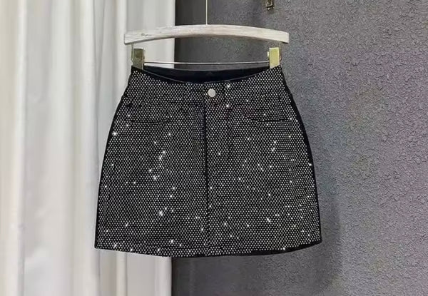 Women Bling Patchwork Fashion Black Denim Skirt