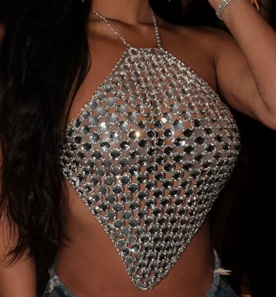 Women Sexy Halter Chain Sleeveless Crystal Crop Top