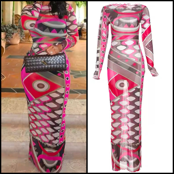 Women Sexy Multicolored Print Full Sleeve Mesh Maxi Dress