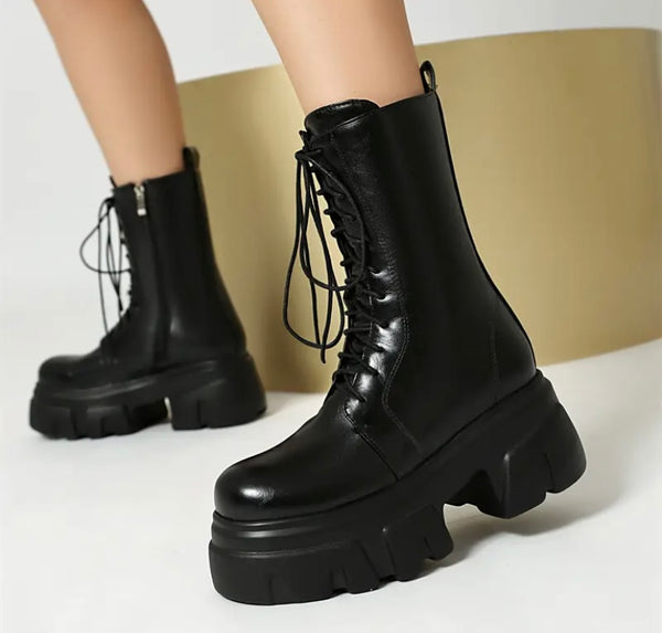 Women Fashion Platform Lace Up Faux Leather Ankle Boots
