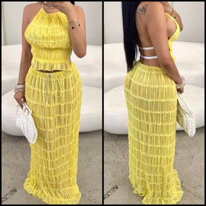 Women Sexy Yellow Halter Sleeveless Open Back Two Piece Maxi Skirt Set