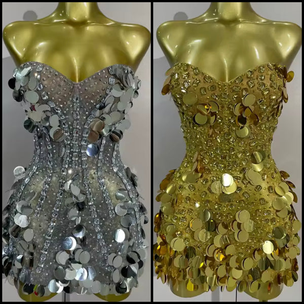 Women Sexy Strapless Sequins Rhinestone Mesh Dress