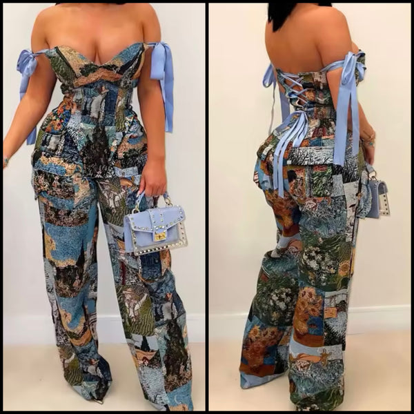 Women Printed Lace Up Strapless Two Piece Fashion Pant Set