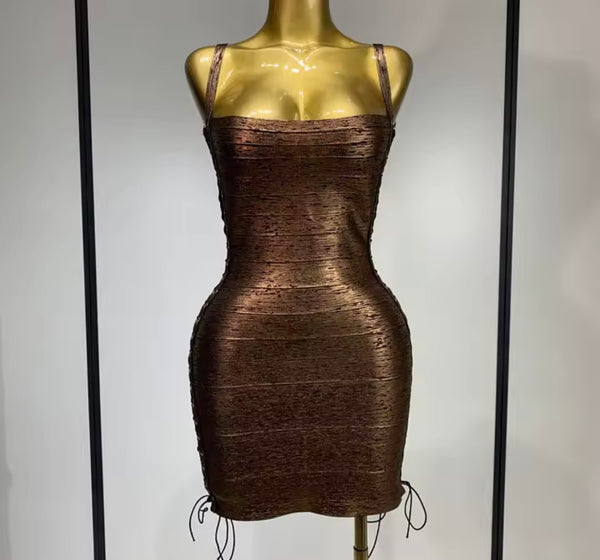 Women Sexy Sleeveless Lace Up Side Metallic Bandage Dress