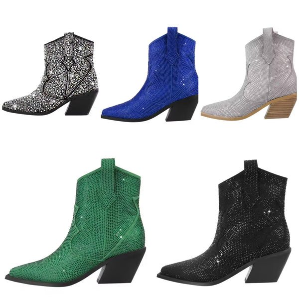 Women Fashion Pointed Toe Bling Ankle Western Boots