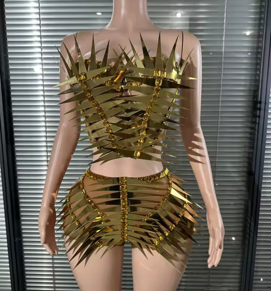 Women Sexy Strapless Chrome Spiked Embellish Two Piece Short Set