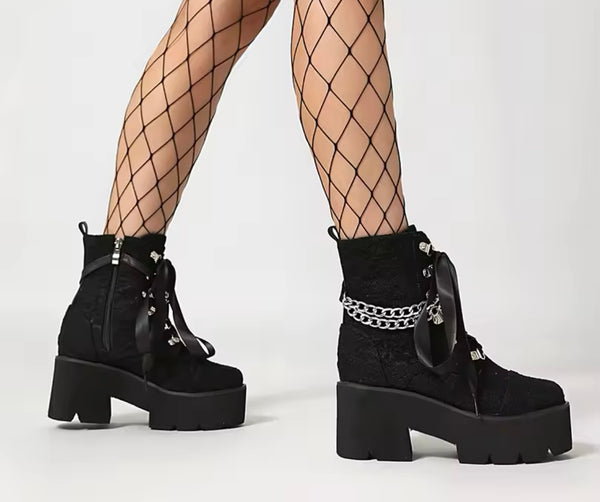 Women Fashion Lace Chain Platform Ankle Boots