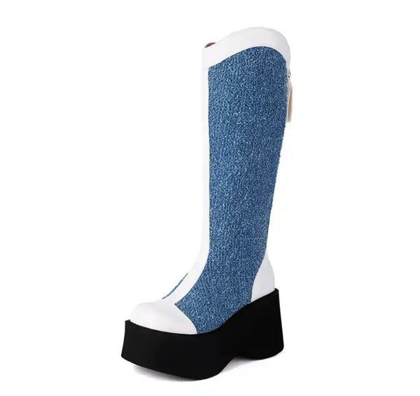 Women Fashion Denim Color Patchwork Platform Knee High Boots