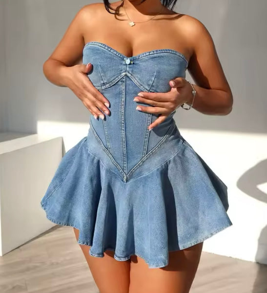 Women Sexy Strapless Denim Dress