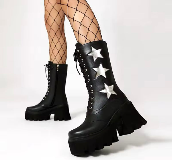 Women Fashion Faux Leather Star Lace Up Platform Boots