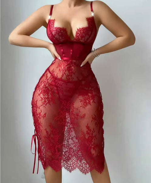 Women Lace Sleeveless Cut Out Tie Up Sexy Nightgown Lingerie